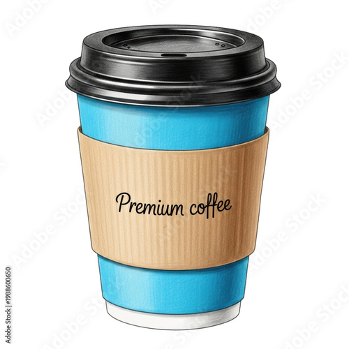 highly detailed stylized illustration of a sky blue disposable coffee cup with visible colored pencil texture and 'premium coffee' text on a craft paper sleeve, isolated on white background. concept