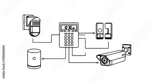 A vector graphic illustration of a security system with cameras and a control panel