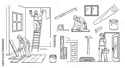 A vector graphic illustration of construction workers and tools in a house renovation setting