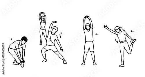 A minimalist vector graphic illustration of a person doing various stretching exercises in different poses