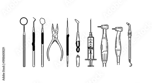 A set of dental tools and instruments in a flat, minimalist vector illustration