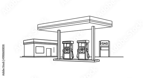 A minimalist line art illustration of a gas station with a flat design