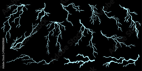 Lightning and Crack Set, Electric Thunder and Ground Crack Elements Vector
