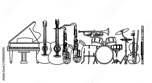 A minimalist vector illustration of various musical instruments in a flat line art style