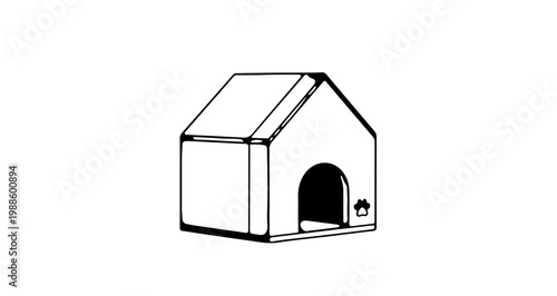 A simple black and white vector graphic illustration of a dog house with a sloping roof and an arched doorway