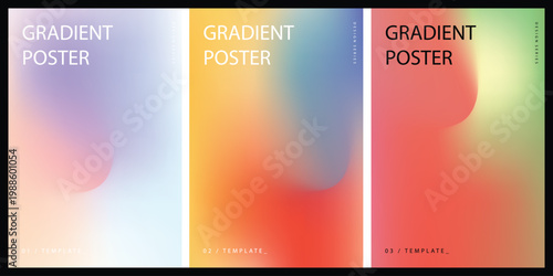 Set of three modern abstract gradient posters with vibrant color transitions and minimalist typography