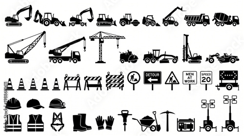 Heavy construction machinery and road work equipment vector icons set featuring excavators cranes dump trucks safety gear tools signs and traffic cone