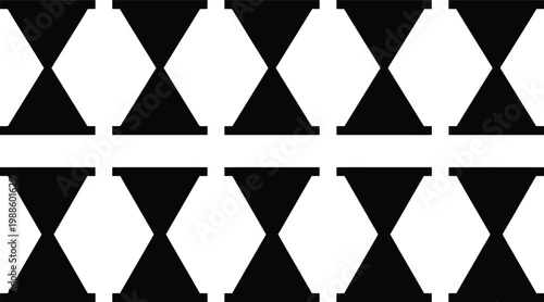 Repeating pattern of black and white hourglass shapes on a white background sand timer time