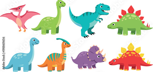 Colorful Cartoon Dinosaur Set Featuring T-Rex, Pterodactyl, Stegosaurus, Triceratops, and More for Kids, Fun, and Educational Designs
