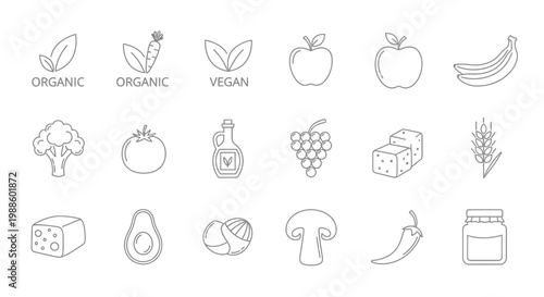Set of Healthy Food and Organic Product Line Icons