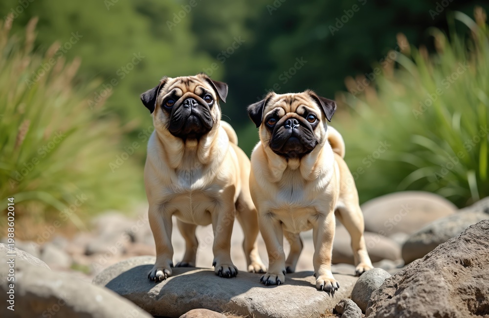 Fototapeta premium Two fawn pugs stand on rocks outdoors. Pups pose together near green plants and tall grass. Dogs have wrinkled faces and curly tails. They look alert.