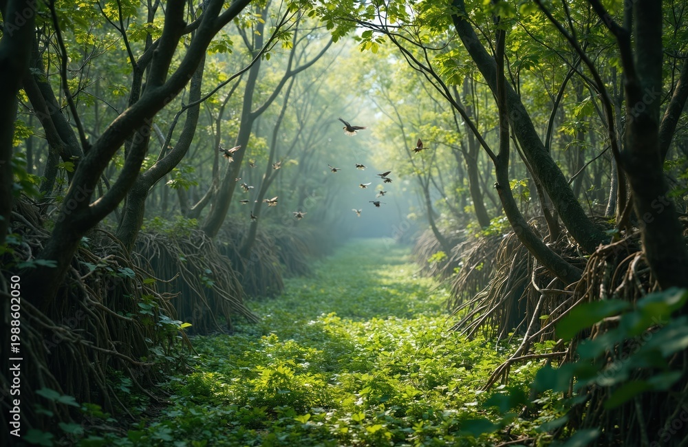 Fototapeta premium Flock of birds flies through dense green mangrove forest path. Sunlight streams through tree canopy illuminating vibrant undergrowth. Nature, wilderness, ecology, habitat.