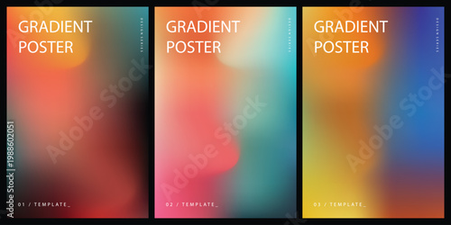 Set of three abstract gradient posters with vibrant color transitions and modern minimalist typography