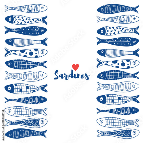 Cute  sardine. Kids background. Sardines, salmon, tuna, tilapia. Poster. Kids illustration.
