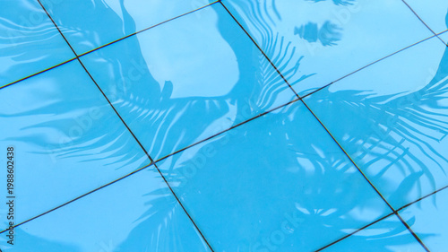 Fotografie Abstract tropical background featuring palm tree leaf shadows reflecting on clear blue swimming pool tiles through rippling water