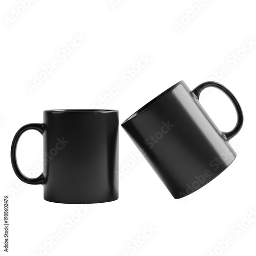 Close-up macro shot of two identical deep matte black ceramic coffee mugs, one leaning, isolated on a clean high-key white studio background emphasizing smooth texture. concept for professional
