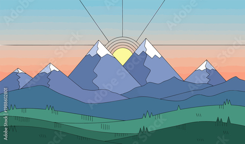 Minimalist mountain landscape illustration with sun rays snowy peaks and green hills nature scenery vector graphic design artistic scenery outdoor adventure travel background