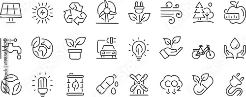 Ecology line icon set. Recycle, solar power, eco, nature. Set of 24 Ecology Line Icons Featuring Renewable Energy Solar Panels and Sustainable Green Environment Symbols
