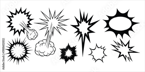 Black and white comic book explosion effects and impact shapes collection