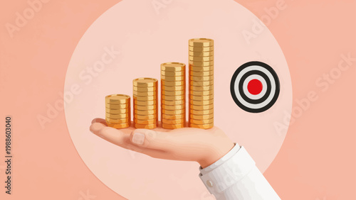 Hand holding stacked gold coins near target