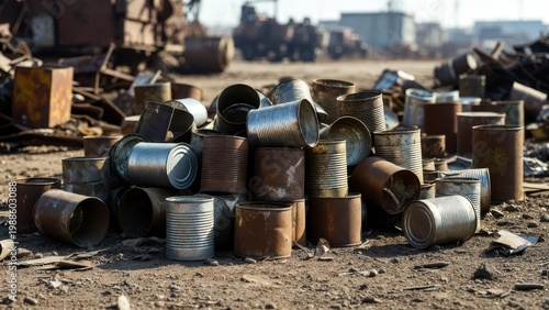 Scrap Metal Pile of Rusty Cans in Abandoned Industrial Site