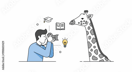 A man in a blue shirt taking a photo of a giraffe with a camera, surrounded by graduation cap, book, and lightbulb on a white background with a minimalist line drawing style.