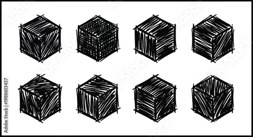 Set of eight hand-drawn black cubes with different shading and perspective on a white background shape