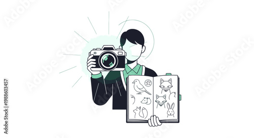 Illustration of a man in a suit holding a camera and a sketchbook with dog drawings against a white background.