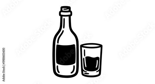 Bottle and glass of liquor.