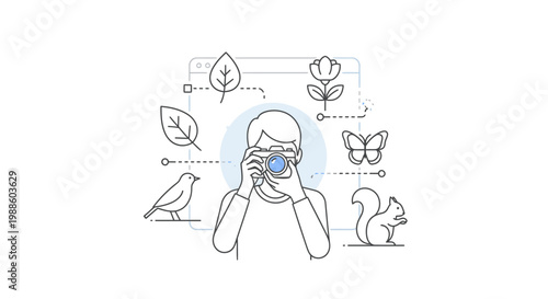 Line drawing of a photographer taking a picture with a camera surrounded by various wildlife and plant illustrations.