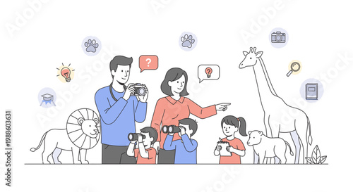 Flat illustration of a family with two children and various animals, including a giraffe and lion, surrounded by digital icons and symbols on a white background.