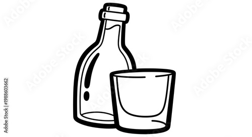 Bottle and glass on table top.