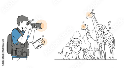Illustration of a photographer taking a picture of various wild animals including a lion, giraffe, and ostrich with a camera and backpack on a white background.