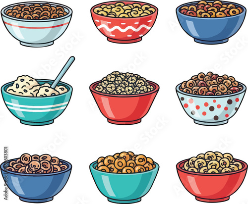 Set of Nine Colorful Bowls Containing Various Types of Breakfast Cereal and Healthy Crunchy Grains Designed in a Modern Vibrant Vector Graphic Illustration Style for Commercial Food Branding