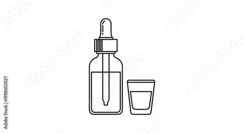 Glass bottle with dropper and cup.