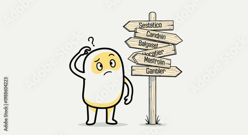 A puzzled cartoon character next to a signpost.