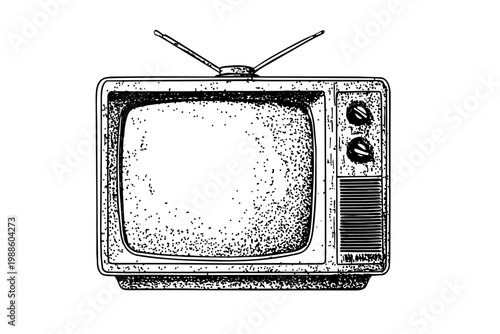 Retro television with antenna and static screen in hand drawn engraving style