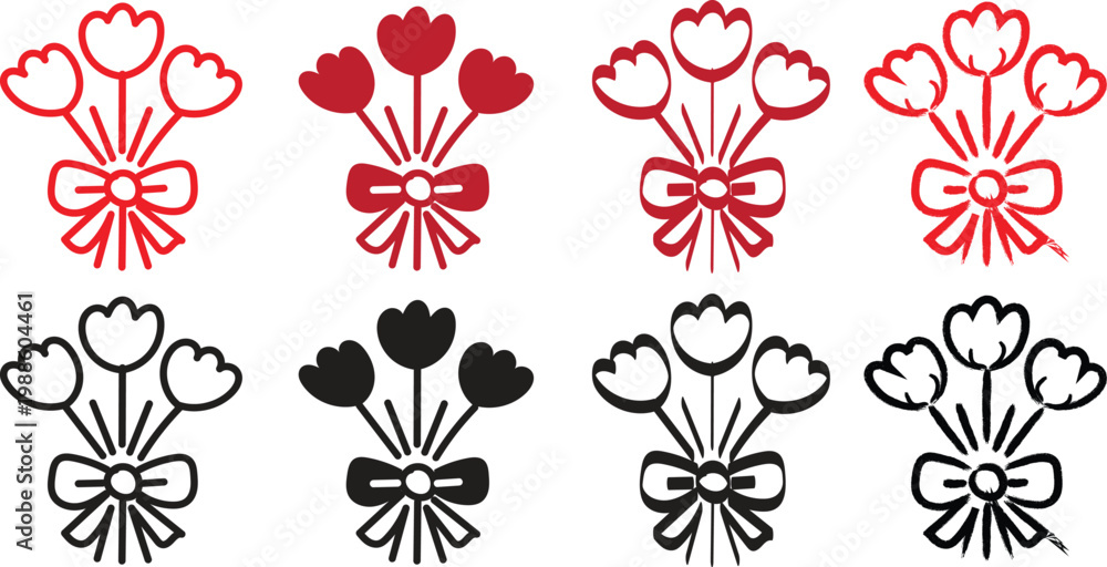 Fototapeta premium Floral bouquet icon set with tulips and ribbon in solid. Hand Drawn Tulip Flower Bouquet Silhouette Set for Minimalist Floral Logo Design 