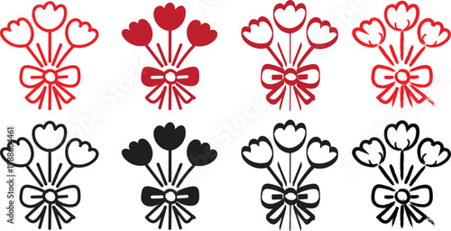  Floral bouquet icon set with tulips and ribbon in solid. Hand Drawn Tulip Flower Bouquet Silhouette Set for Minimalist Floral Logo Design
