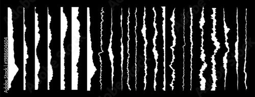 Clean white recycled sheet with jagged torn paper rip edge effect. Vector set of page piece blank card tag label banner divider claw cut line. Cardboard tear edge bundle kit