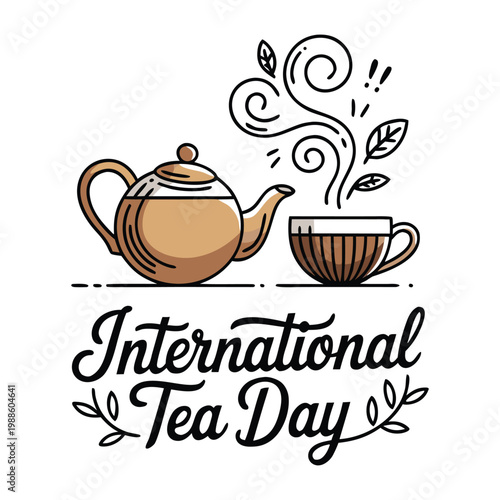 Tea day vector background with teacup and kettle. One line drawing art illustration,border, banner with lettering international tea day.