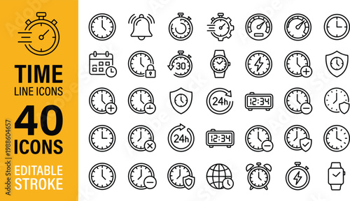 Time line icons collection with clocks stopwatch calendar and schedule symbols editable stroke outline vector illustration set