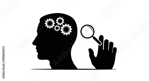 Human Head Silhouette with Gears and Magnifying Glass Icon