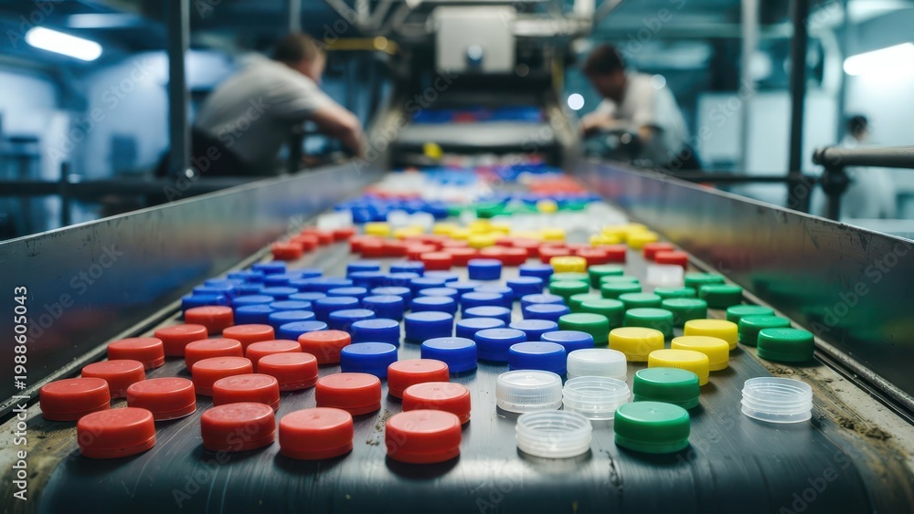 Fototapeta premium Colorful Plastic Caps on Conveyor Belt in Factory Environment