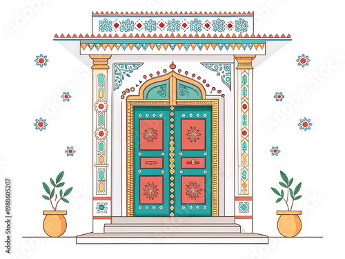 Traditional Gujarati door with decorative frames and bright accents, minimal vector illustration, clean white background