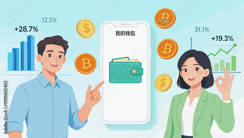 Two people with phone showing wallet and crypto