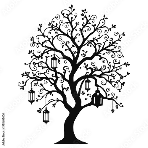 Intricate tree silhouette with swirling branches featuring hanging lanterns and a birdhouse decorative fantasy nature illustration isolated.