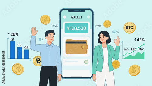 Two people with a digital wallet and financial data