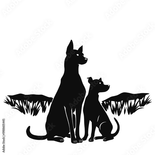Minimal black silhouettes of two dogs sitting side by side with subtle grass elements simple pet themed illustration isolated on clean background