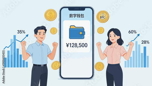 Two people with digital wallet and coins